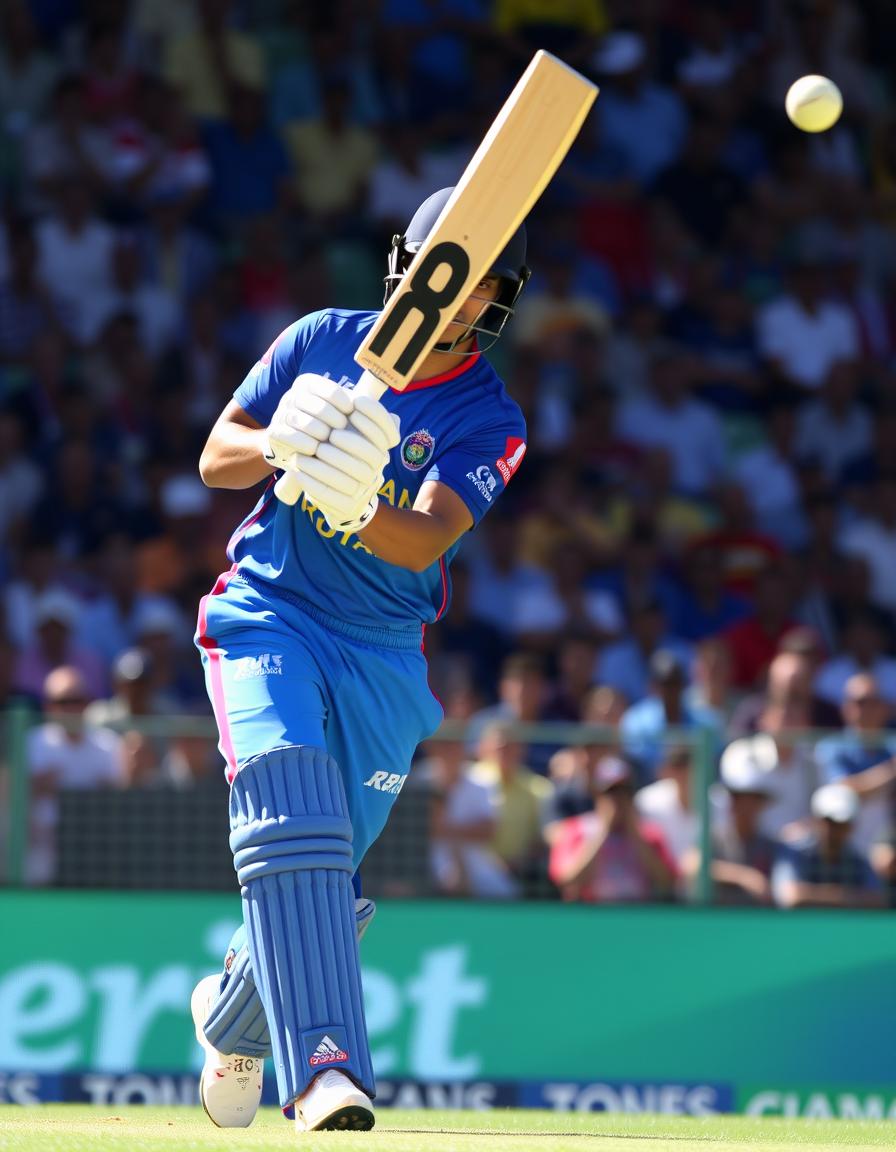 Riyan Parag hitting a six with aggressive strokeplay during IPL 2025 match, wearing Rajasthan Royals blue and pink jersey