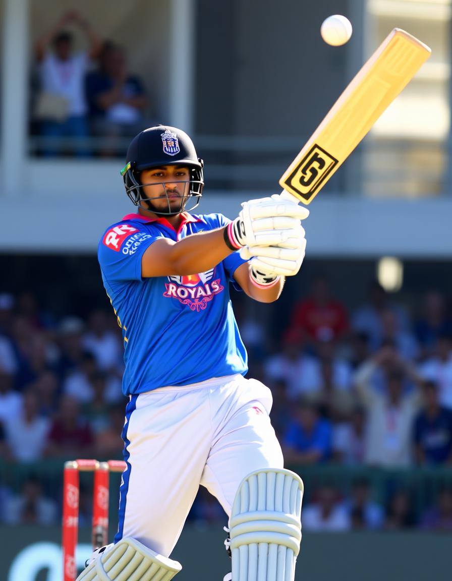 Riyan Parag playing an aggressive shot wearing Rajasthan Royals jersey IPL 2025